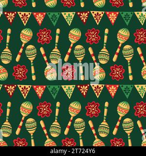 Mexican Maraca Festive Seamless Pattern on Black Background Stock Vector