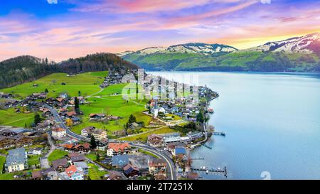 Beautiful landscape near Lake Thun in Spiez, Switzerland. Stock Photo