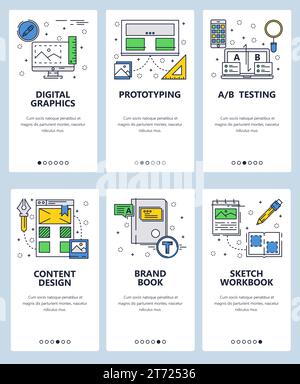 Vector web site linear art onboarding screens template. Digital graphic, design and branding. Menu banners for website and mobile app development. Mod Stock Vector