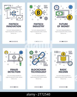 Vector web site linear art onboarding screens template. Cryptocurency and fintech innovation. Future of money. Menu banners for website and mobile app Stock Vector
