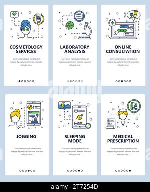 Vector web site linear art onboarding screens template. Healthcare and healthy lifestyle. Online doctor consultation Menu banners for website and mobi Stock Vector