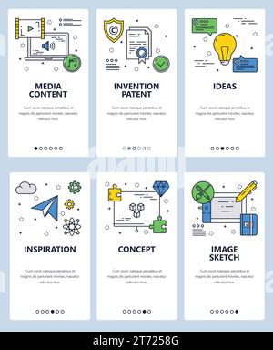 Vector web site linear art onboarding screens template. Media, inventions and inspiration ideas icons. Menu banners for website and mobile app develop Stock Vector