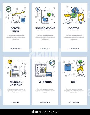 Vector web site linear art onboarding screens template. Healthcare and medical checkups, doctor, vitamins. Menu banners for website and mobile app dev Stock Vector