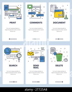 Vector web site linear art onboarding screens template. Printer, computer and internet icons. Menu banners for website and mobile app development. Mod Stock Vector