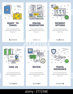 Vector web site linear art onboarding screens template. Travel and online booking concept icons. Menu banners for website and mobile app development. Stock Vector