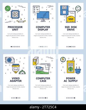 Vector web site linear art onboarding screens template. Chip, hardware and computer parts. Menu banners for website and mobile app development. Modern Stock Vector