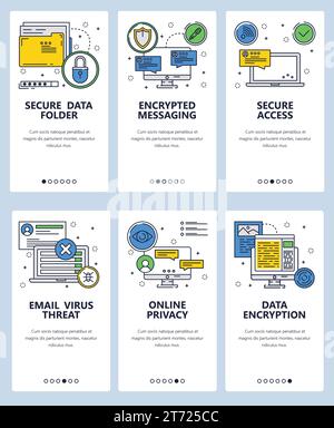 Vector web site linear art onboarding screens template. Cyber security and encrypted messaging app. Secure data and access. Menu banners for website a Stock Vector