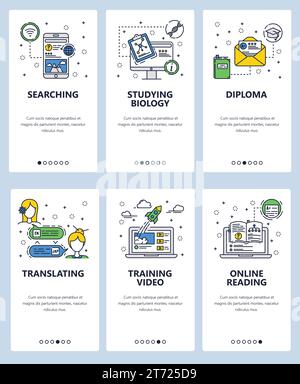 Vector web site linear art onboarding screens template. Online education and e-learning icons. Menu banners for website and mobile app development. Mo Stock Vector