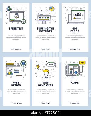 Vector web site linear art onboarding screens template. Internet web sites code and development. Menu banners for website and mobile app development. Stock Vector