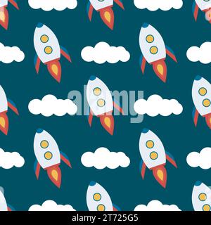 Rockets and clouds space seamless pattern. Baby space background. Print for baby textiles, clothing, packaging, wallpaper and design, vector Stock Vector