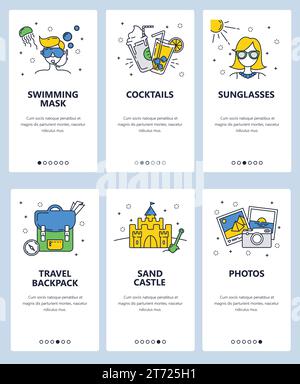 Vector web site linear art onboarding screens template. Travel and summer vacation icons. Menu banners for website and mobile app development. Modern Stock Vector