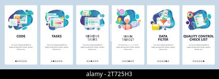 Web site onboarding screens. Task management, quality control and data filtering. Menu vector banner template for website and mobile app development. Stock Vector
