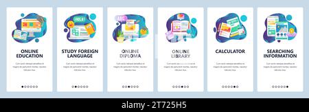 Web site onboarding screens. Online education. Digital internet tutorials and courses. Menu vector banner template for website and mobile app developm Stock Vector