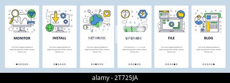 Web site onboarding screens. Computer software download, install and upgrade. Menu vector banner template for website and mobile app development. Mode Stock Vector