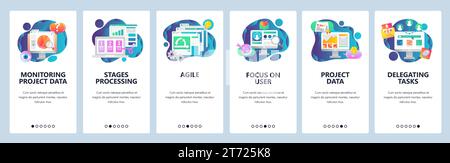 Web site onboarding screens. Business project development, monitoring and management. Agile and scrum process. Menu vector banner template for website Stock Vector