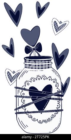 Composition for Valentine's Day drawn in vector. Candlestick in the shape of a jar with hearts, patterned hearts drawn in dark blue. Stock Vector