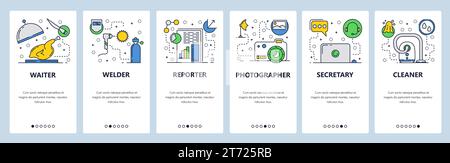 Web site onboarding screens. Different jobs and professions. Menu vector banner template for website and mobile app development. Modern design flat il Stock Vector