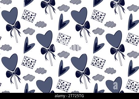 Seamless pattern for Valentine's Day. Vector pattern with love letters, clouds, hearts and lollipops with bows on a white background. Stock Vector