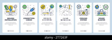 Web site onboarding screens. Computer hardware, cloud services, wireless network and cooling system. Menu vector banner template for website and mobil Stock Vector