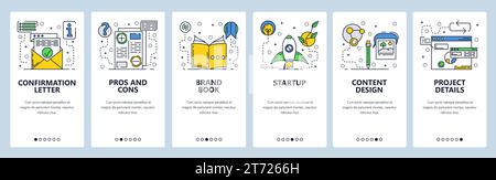 Web site onboarding screens. New project launch, pros and cons. Menu vector banner template for website and mobile app development. Modern design flat Stock Vector
