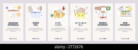 Web site onboarding screens. Data cloud sync, media files and mobile internet. Menu vector banner template for website and mobile app development. Mod Stock Vector