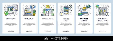 Web site onboarding screens. Office workplace, business analytics, deadline and work chat. Menu vector banner template for website and mobile app deve Stock Vector
