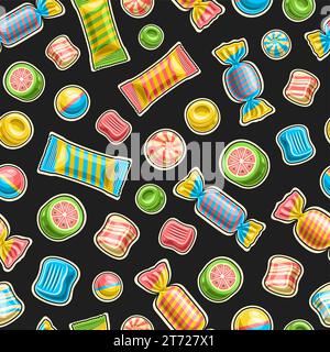 Vector Candy Seamless Pattern, repeating background with cut out illustrations of multi colored variety fruit chewy candies and bubble gums in spiral Stock Vector