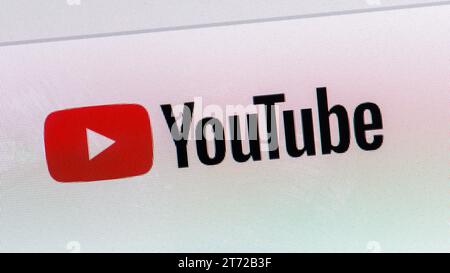 Close-up of the logo on the header of a YouTube web page. YouTube is a video hosting and sharing website and social media platform Stock Photo