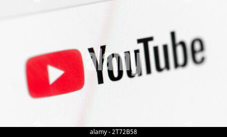 Close-up of the logo on the header of a YouTube web page. YouTube is a video hosting and sharing website and social media platform Stock Photo