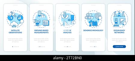 Walkthrough climate metrics with monochromatic line icons Stock Vector