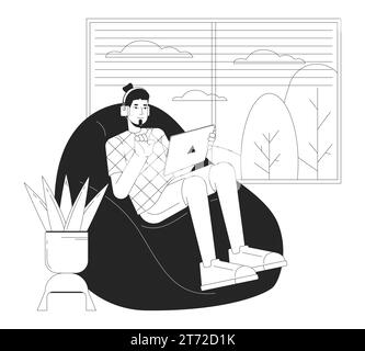 Using online streaming platform on tablet black and white cartoon flat illustration Stock Vector