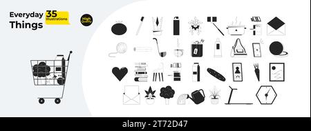 Domestic daily black and white 2D line cartoon objects bundle Stock Vector