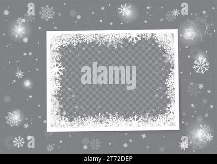 Christmas photo snow frame template with snowfall Stock Vector