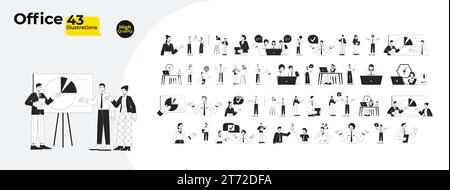 Multi-ethnic office workers black and white cartoon flat illustration bundle Stock Vector