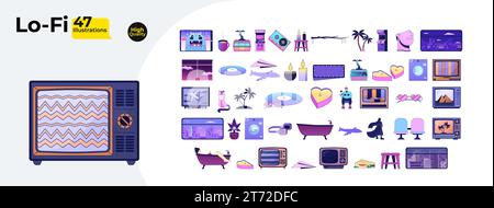 Retro 80s 2D linear cartoon lofi objects bundle Stock Vector