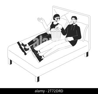 Movie date night at home black and white cartoon flat illustration Stock Vector