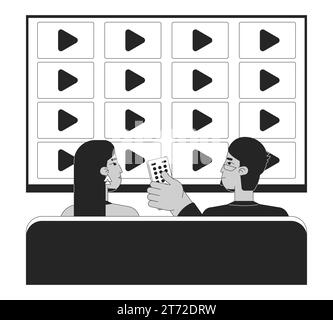 Watching tv show together black and white cartoon flat illustration Stock Vector