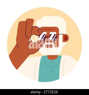 Elderly grey-haired black man adjusting sunglasses 2D vector avatar illustration Stock Vector