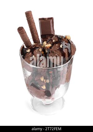 Glass dessert bowl of tasty ice cream with chocolate sauce, nuts and wafer rolls isolated on white Stock Photo