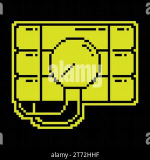 Pixel silhouette icon of bunch of cylinders with dynamite. Timer on with clock on explosives. Simple black and yellow vector isolated Stock Vector