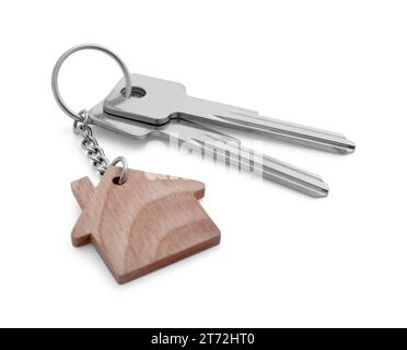 Key with keychain in shape of house isolated on white Stock Photo