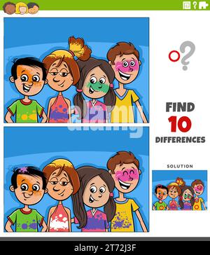 Cartoon illustration of finding the differences between pictures educational activity with happy children Stock Vector