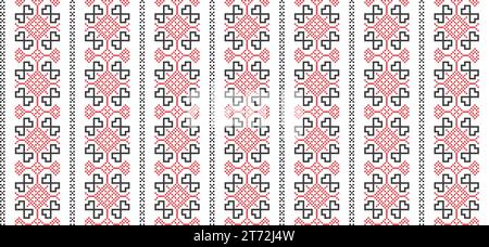 Ukrainian vector seamless fashion pattern. Decoration in black and red color. Ukrainian vertical stripes fashion pattern. Pixel art, vyshyvanka, cross Stock Vector