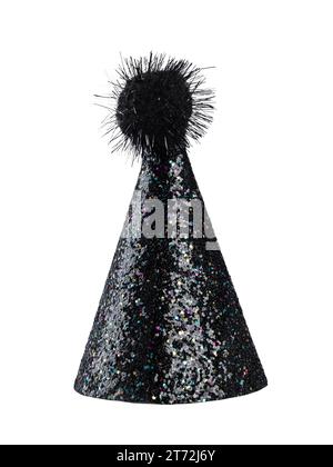 Realistic black glitter party hat with pompon on top. Isolated on a white background. Stock Photo