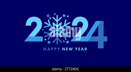 2024 Happy New Year typography card with creative snowflake. Vector illustration with blue digits and snowflake. Concepts for greeting card Stock Vector