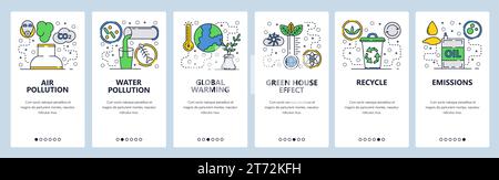 Web site onboarding screens. Global warming, environment pollution and waste recycle. Menu vector banner template for website and mobile app developme Stock Vector