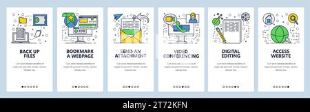 Web site onboarding screens. Files and computer services. Menu vector banner template for website and mobile app development. Modern design linear art Stock Vector