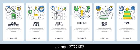Web site onboarding screens. Nursing newborn baby. Infant food, bottle, toys. Menu vector banner template for website and mobile app development. Mode Stock Vector