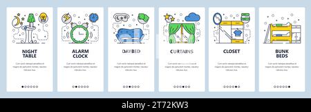 Web site onboarding screens. Room interior, sofa, curtains, bed and closet. Menu vector banner template for website and mobile app development. Modern Stock Vector