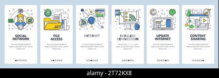 Web site onboarding screens. Internet and global network services. Wireless connection and document access. Menu vector banner template for website an Stock Vector